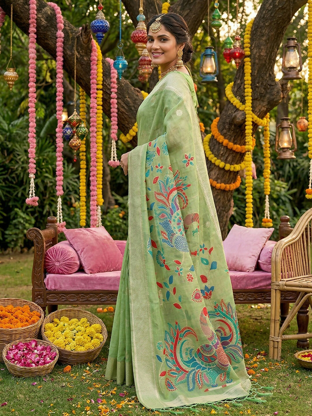 Shree Shyam Fashion Light Green Linen Cotton Saree