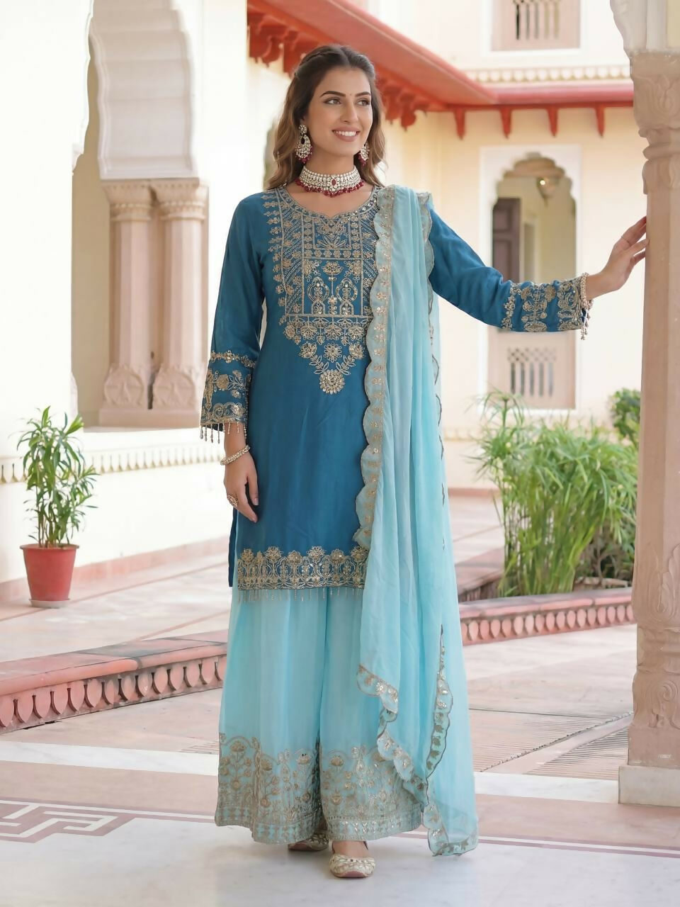 Joban Fashion Blue Silk Embroidered Sharara Set