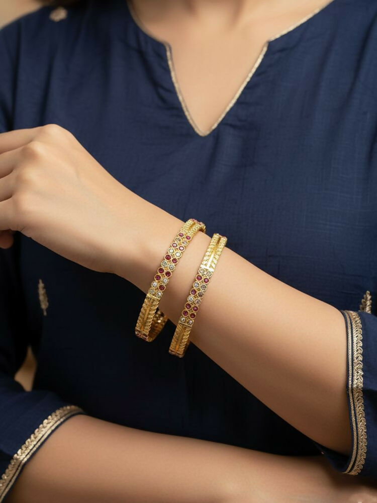 NVR Women Set of 2 Gold Plated CZ Stone Bangle