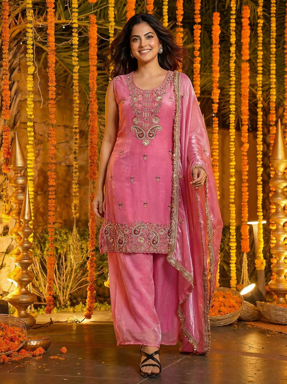 Teeya Creation Pink Fendy Silk Beads Work Designer Wedding Wear Salwar Suit