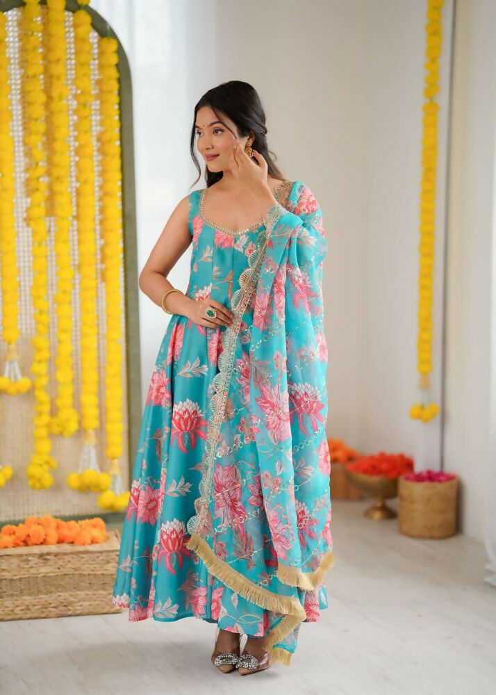 Teeya Creation Blue Pure Muslin Silk Digital Print Traditional Wear Long Gown