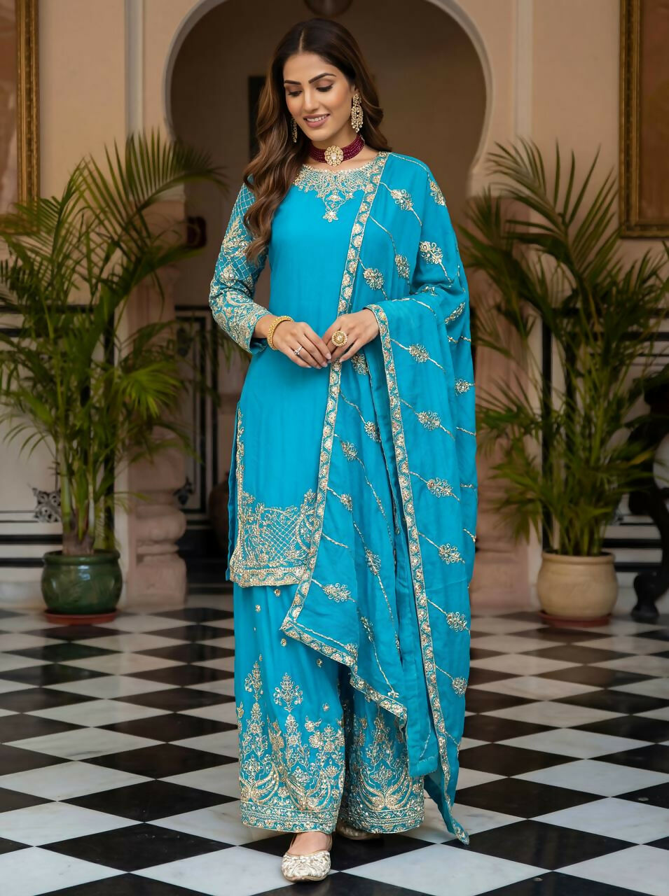 Teeya Creation Sky Chinon Silk Designer Wedding Wear Embroidery Work Palazzo