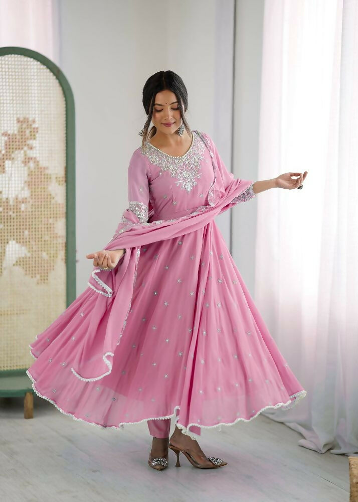 Teeya Creation Baby Pink Color Faux georgette Embroidery Work Wedding Wear Gown