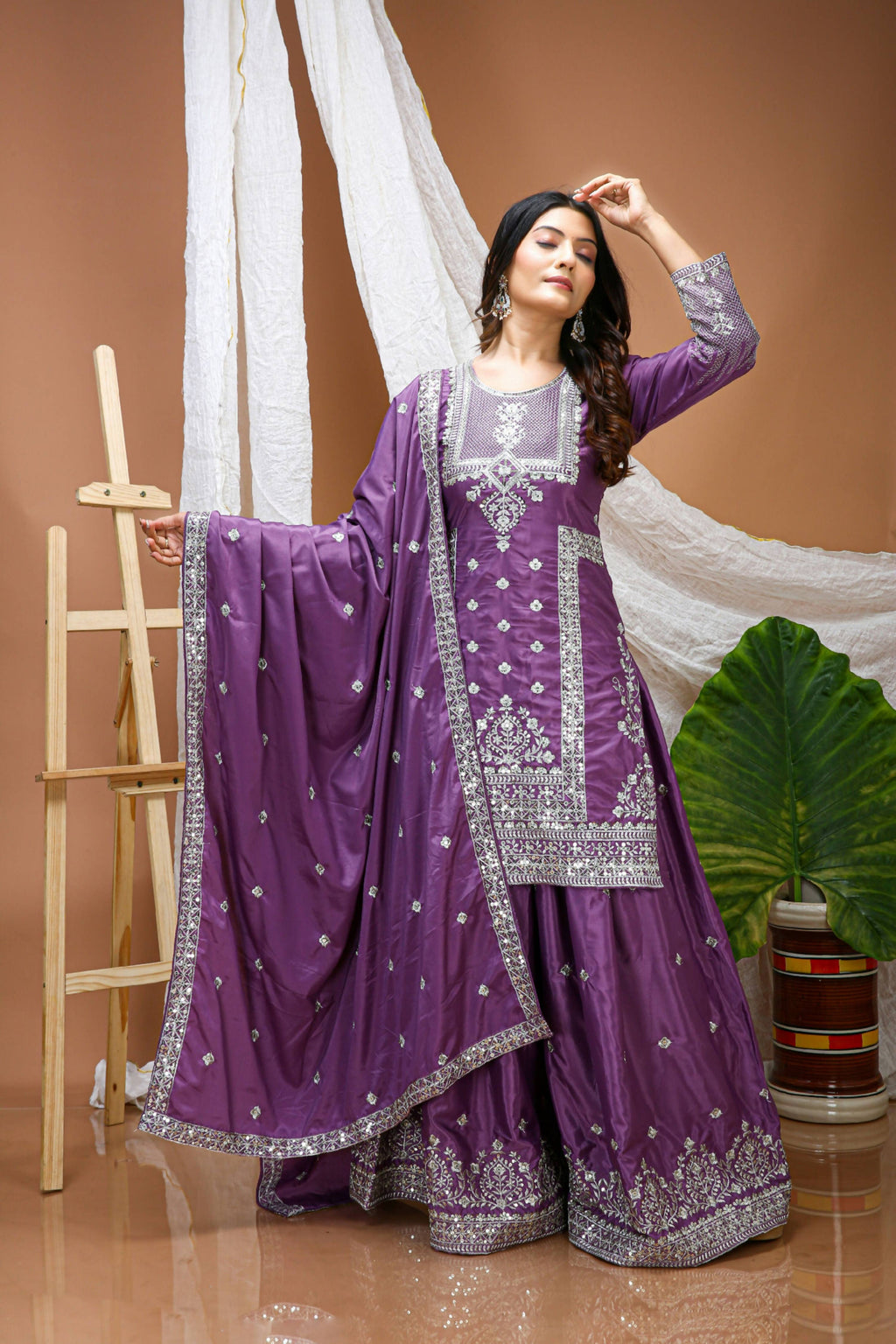 Lehenga Mart Designer Sharara Suit With Kurta, Sharara, Dupatta For Women-Lavender Violet