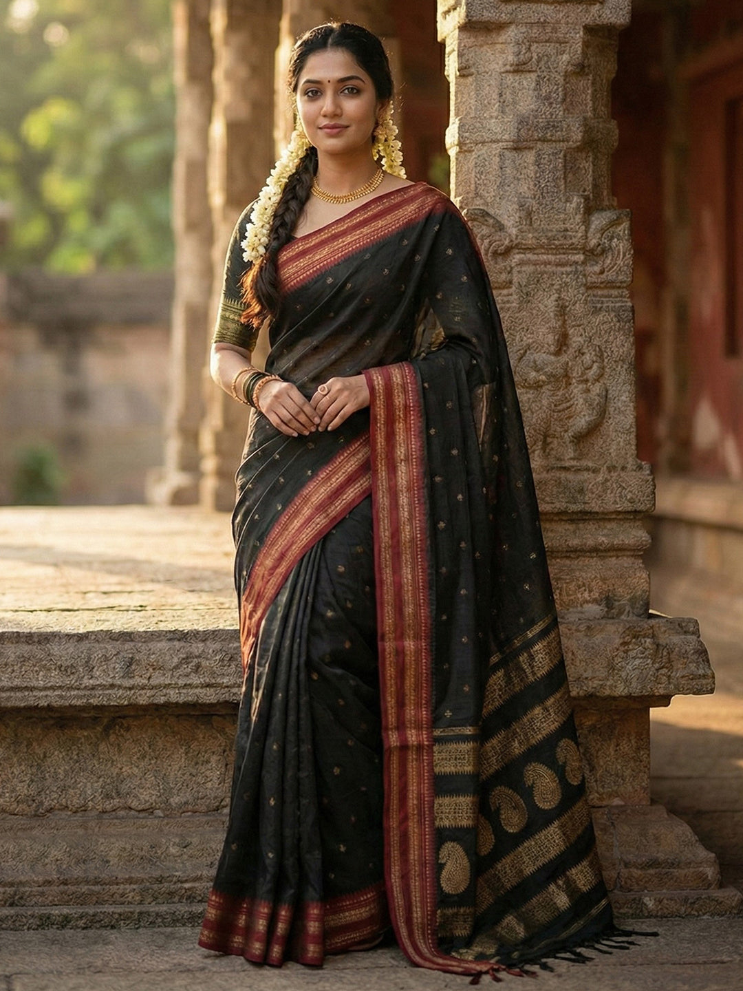 Anaita Black Silk Woven Saree With Blouse