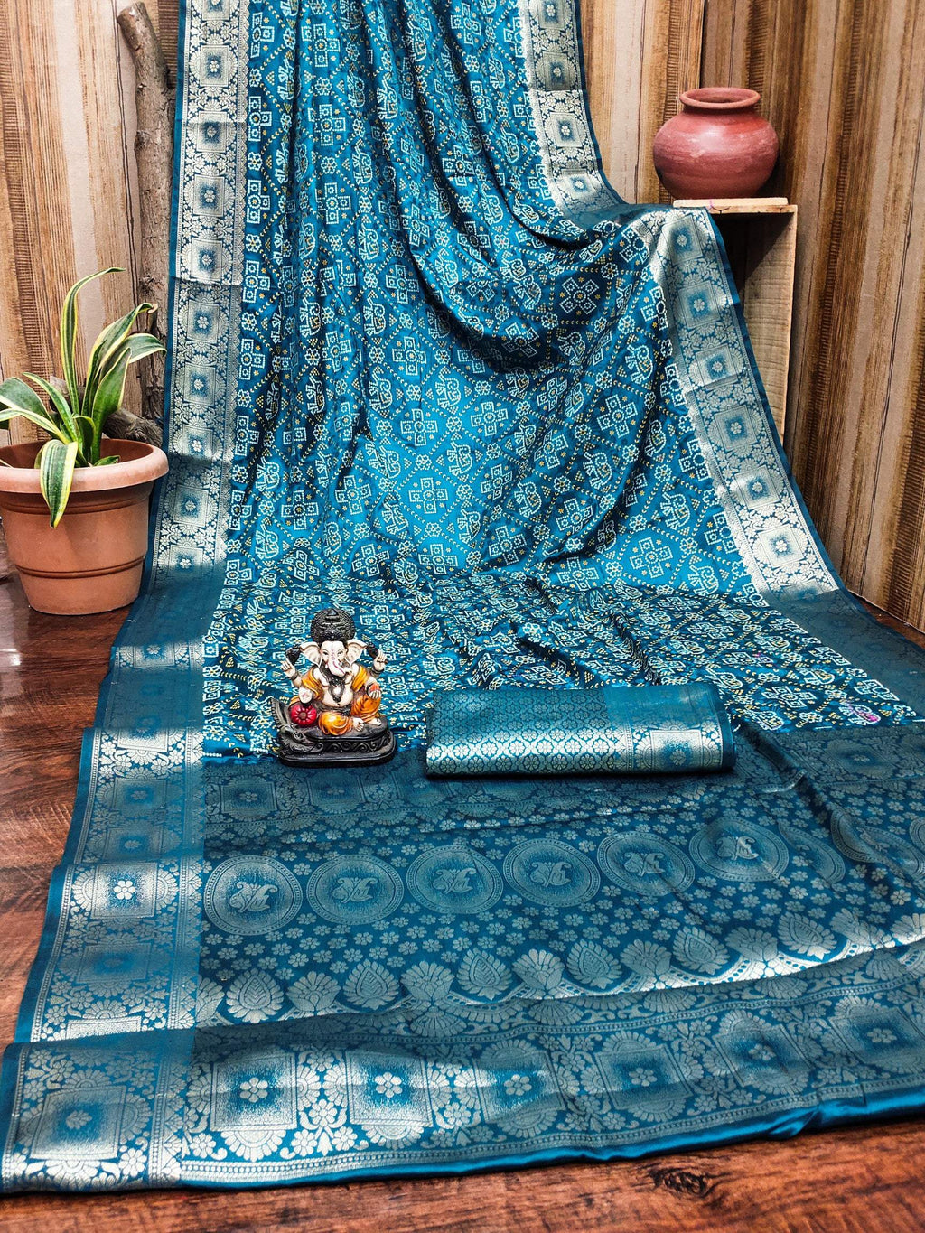 Anaita Blue Soft Satin Silk Bandhej Print Saree With Kanchi Zari Weaving Border