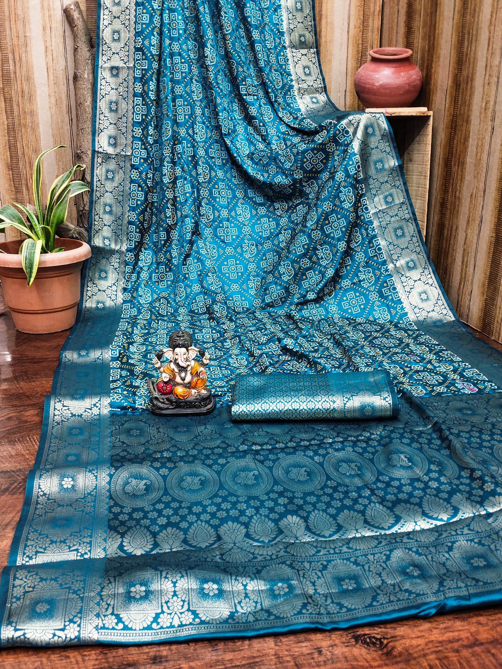 Anaita Blue Soft Satin Silk Bandhej Print Saree With Kanchi Zari Weaving Border