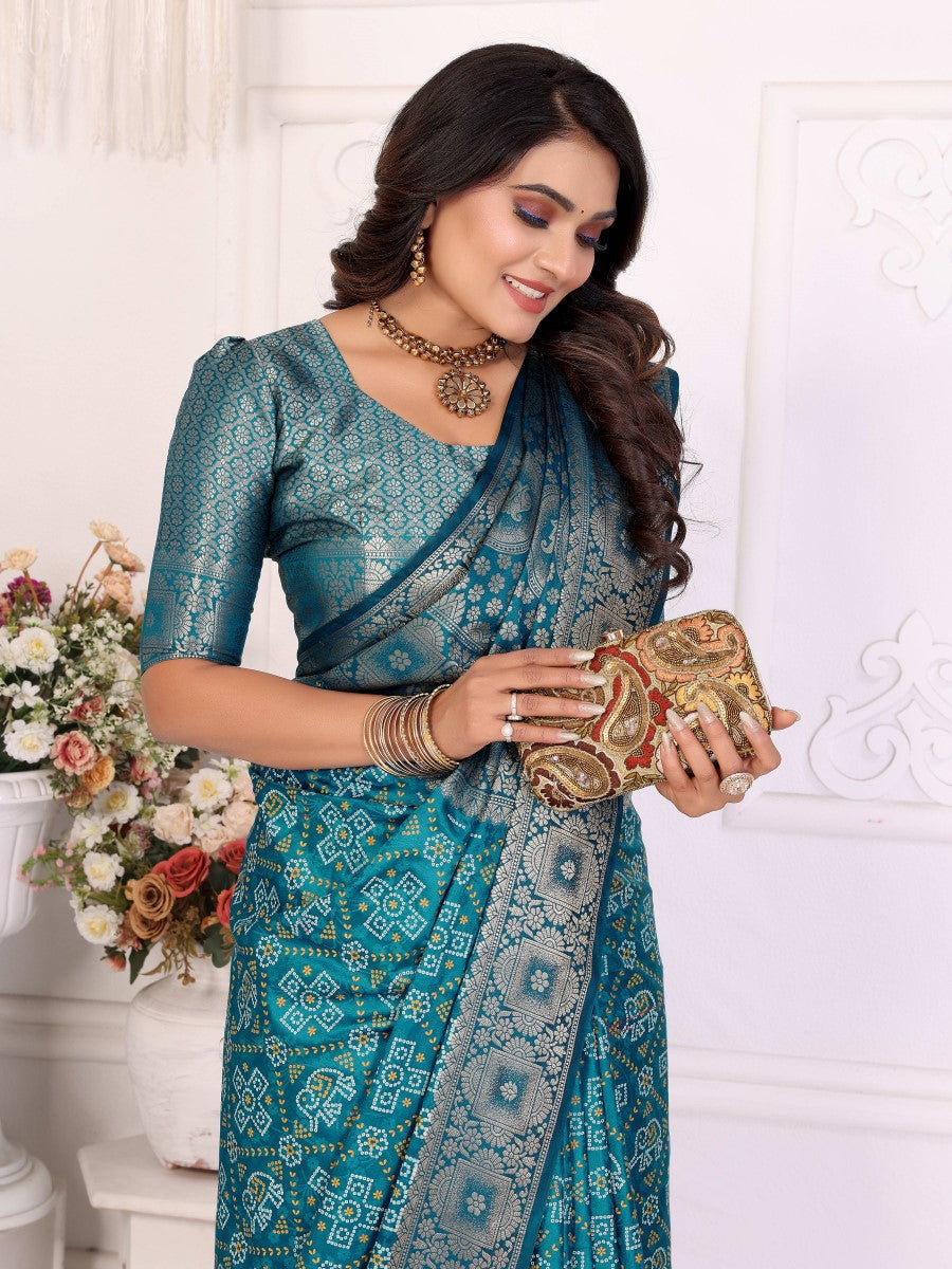 Anaita Blue Soft Satin Silk Bandhej Print Saree With Kanchi Zari Weaving Border