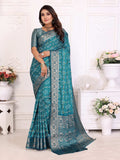 Anaita Blue Soft Satin Silk Bandhej Print Saree With Kanchi Zari Weaving Border