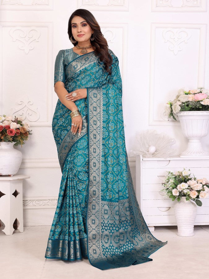 Anaita Blue Soft Satin Silk Bandhej Print Saree With Kanchi Zari Weaving Border
