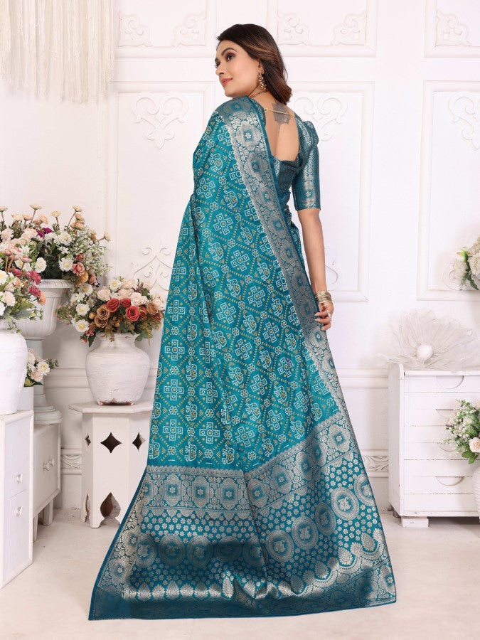 Anaita Blue Soft Satin Silk Bandhej Print Saree With Kanchi Zari Weaving Border