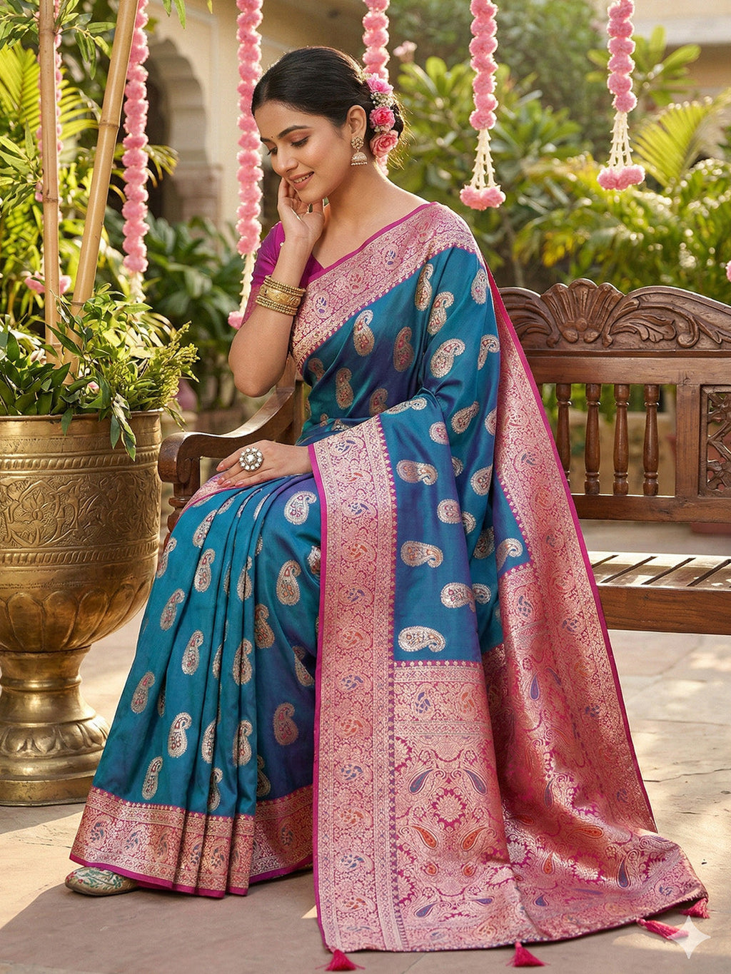 Anaita Blue Silk Blend Woven Saree With Blouse