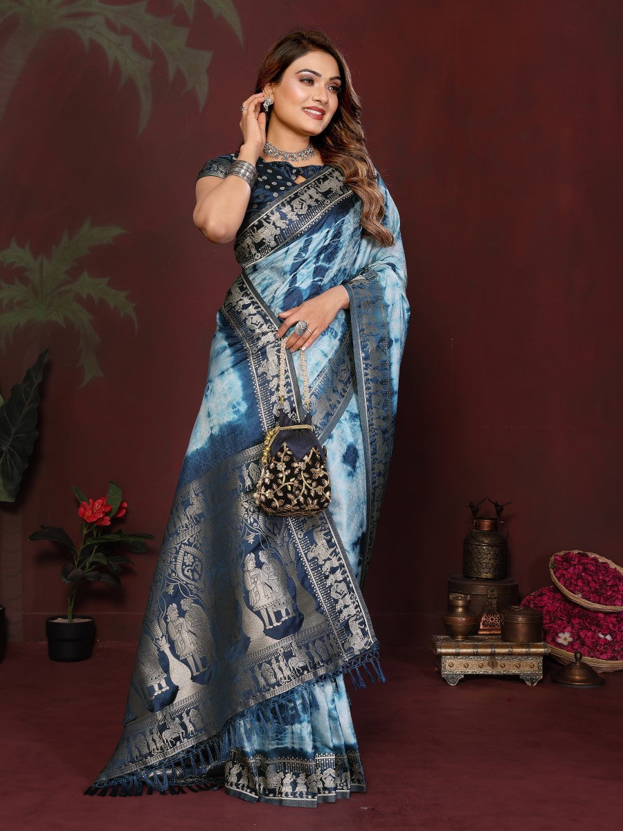 Anaita Blue Zari Weaving Work Satin Silk Saree With Blouse