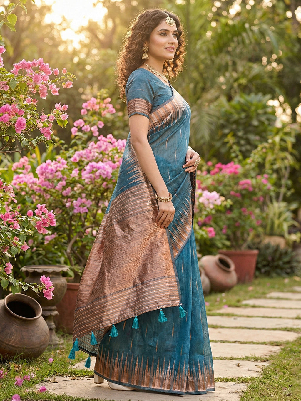 Anaita Blue Linen Woven Work Saree With Blouse