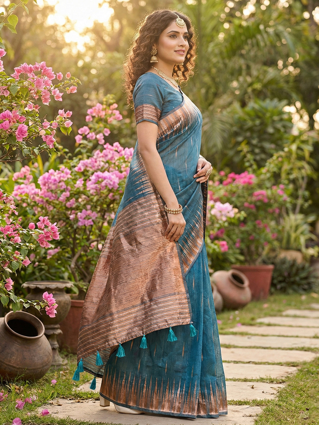 Anaita Blue Linen Woven Work Saree With Blouse