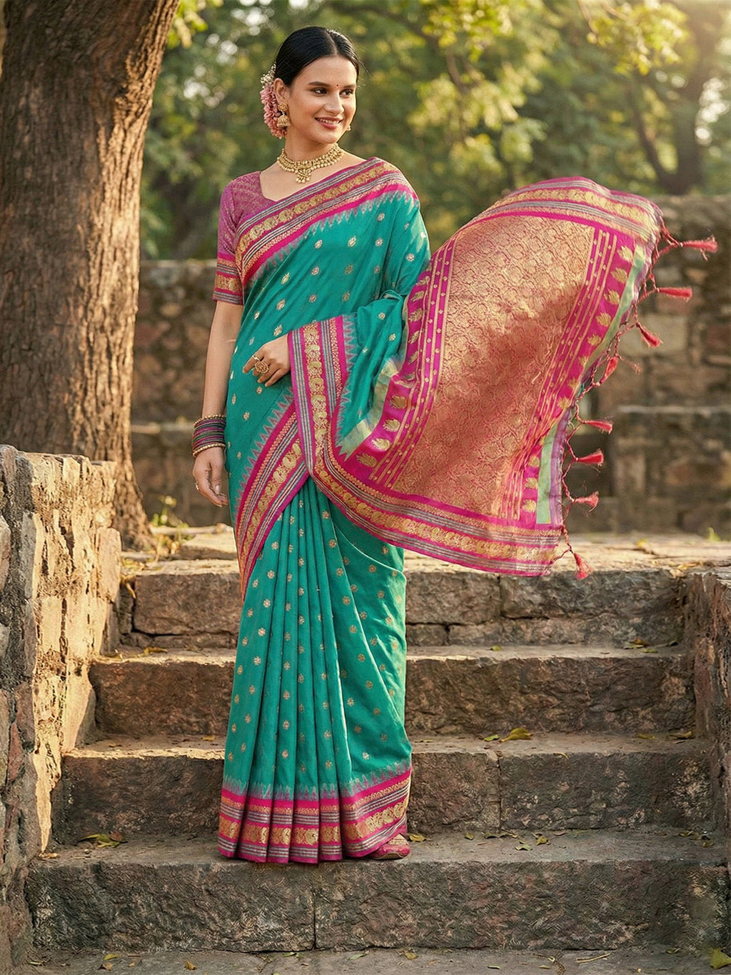 Anaita Blue Silk Woven Saree With Blouse