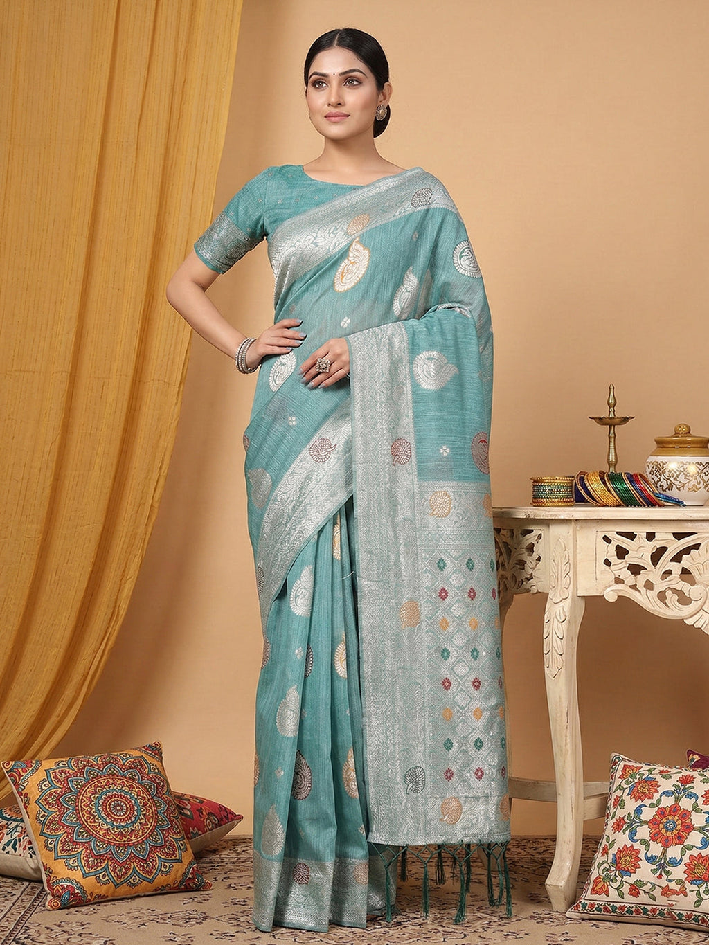 Anaita Blue Linen Woven Work Saree With Blouse