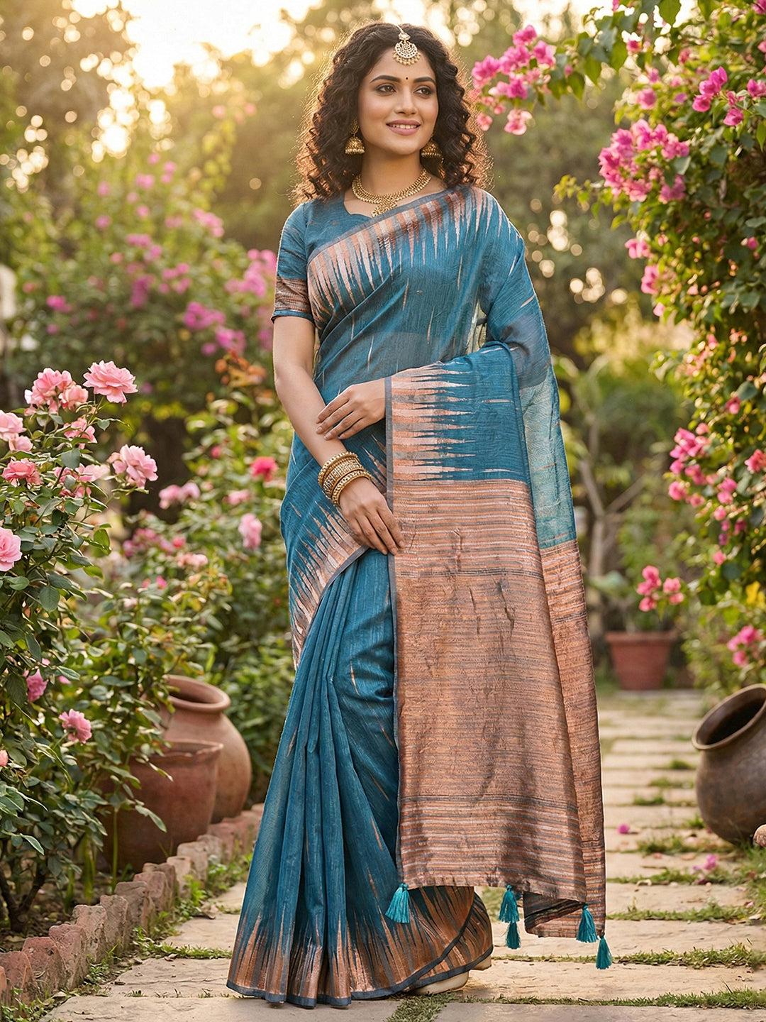 Anaita Blue Linen Woven Work Saree With Blouse