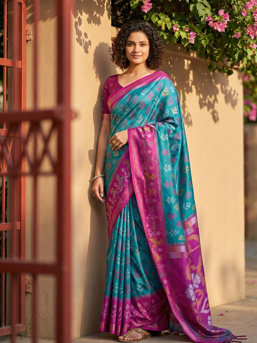 Anaita Blue Pochampally Printed Saree With Blouse