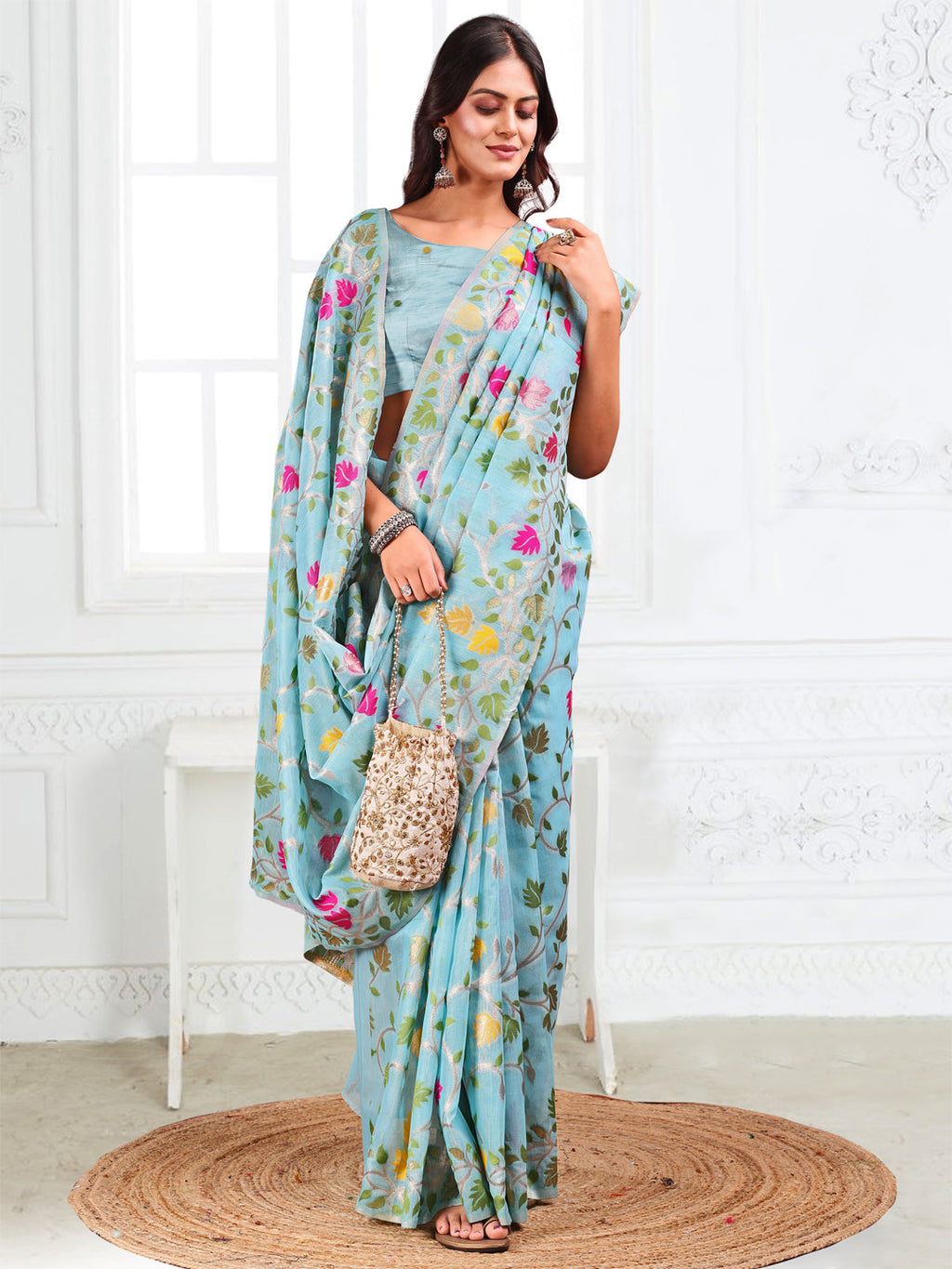 Anaita Blue Linen Printed Saree With Blouse