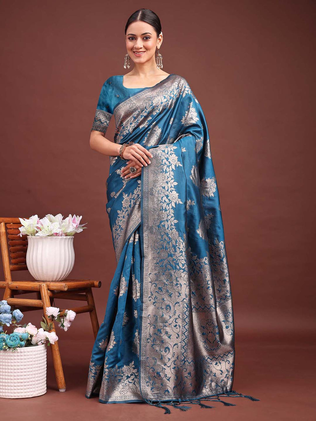 Anaita Blue Banarasi Silk Woven Work Saree With Blouse