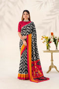 Vastranavya Black Tussar Silk Zigzag Waves Printed Saree with Unstitched Blouse