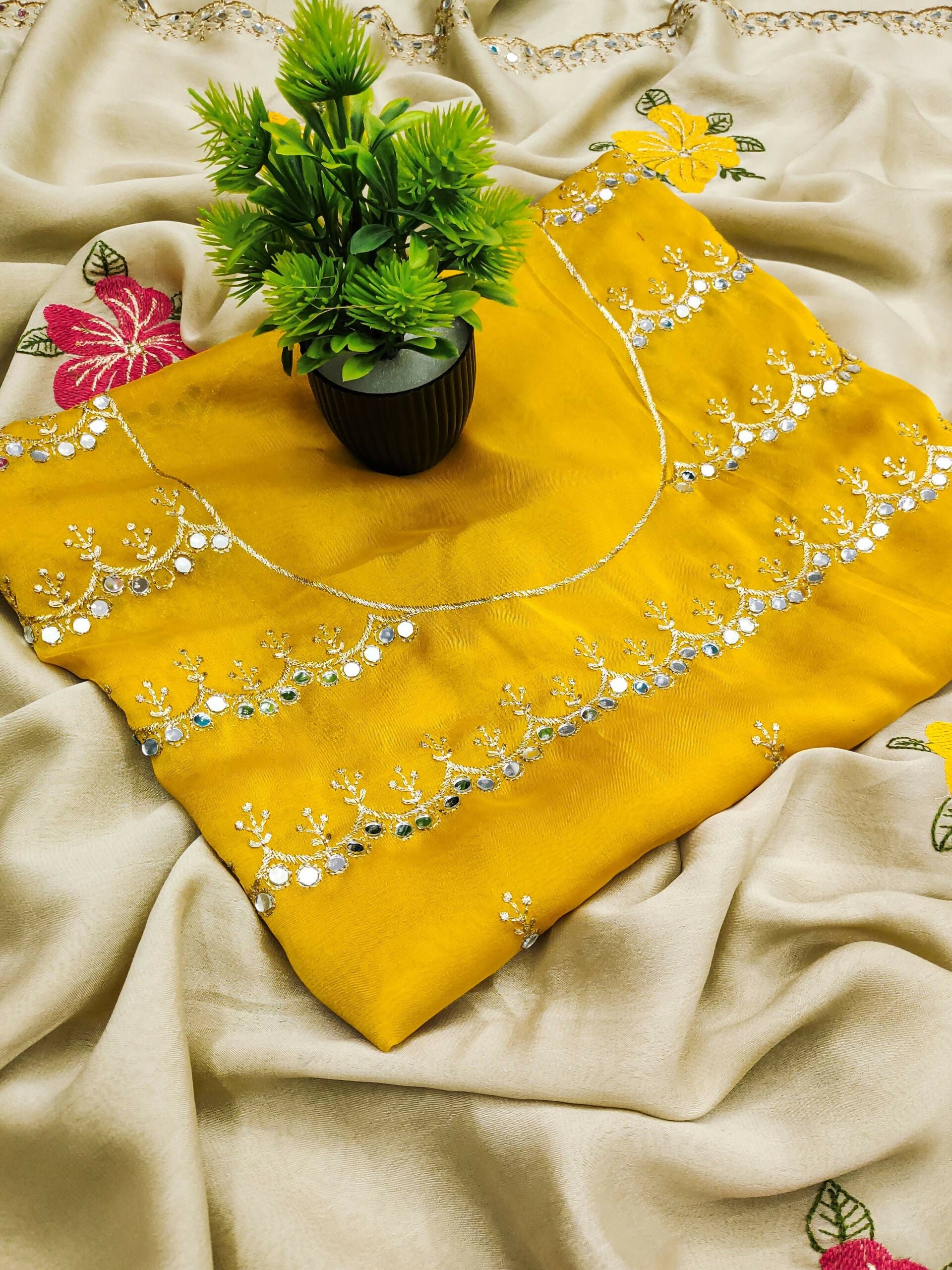 Teeya Creation Cream Rangoli Silk Embroidery Work Party Wear Designer Saree