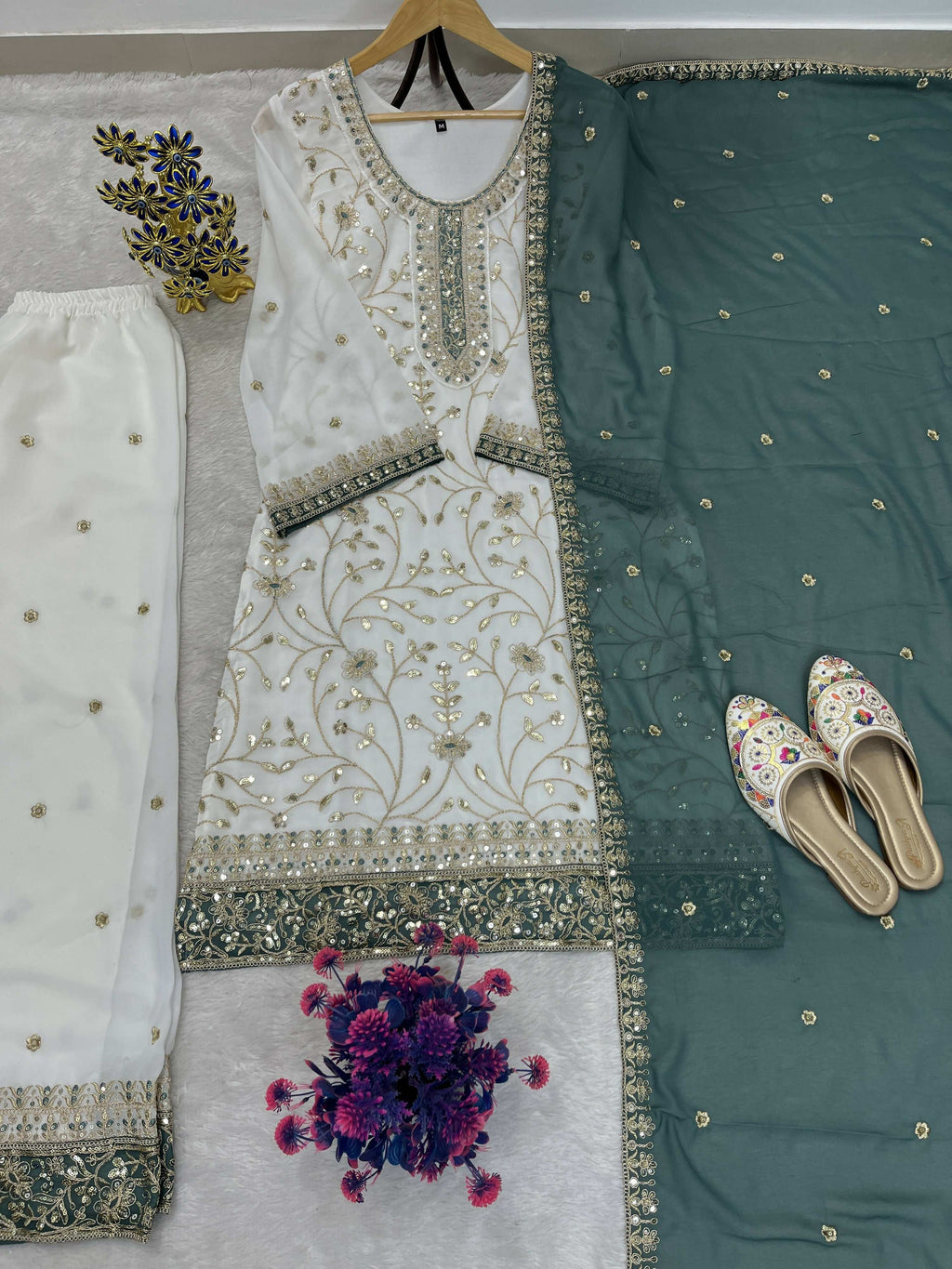 Teeya Creation White Color Faux Georgette Embroidery Work Long Party Wear Palazzo Suit