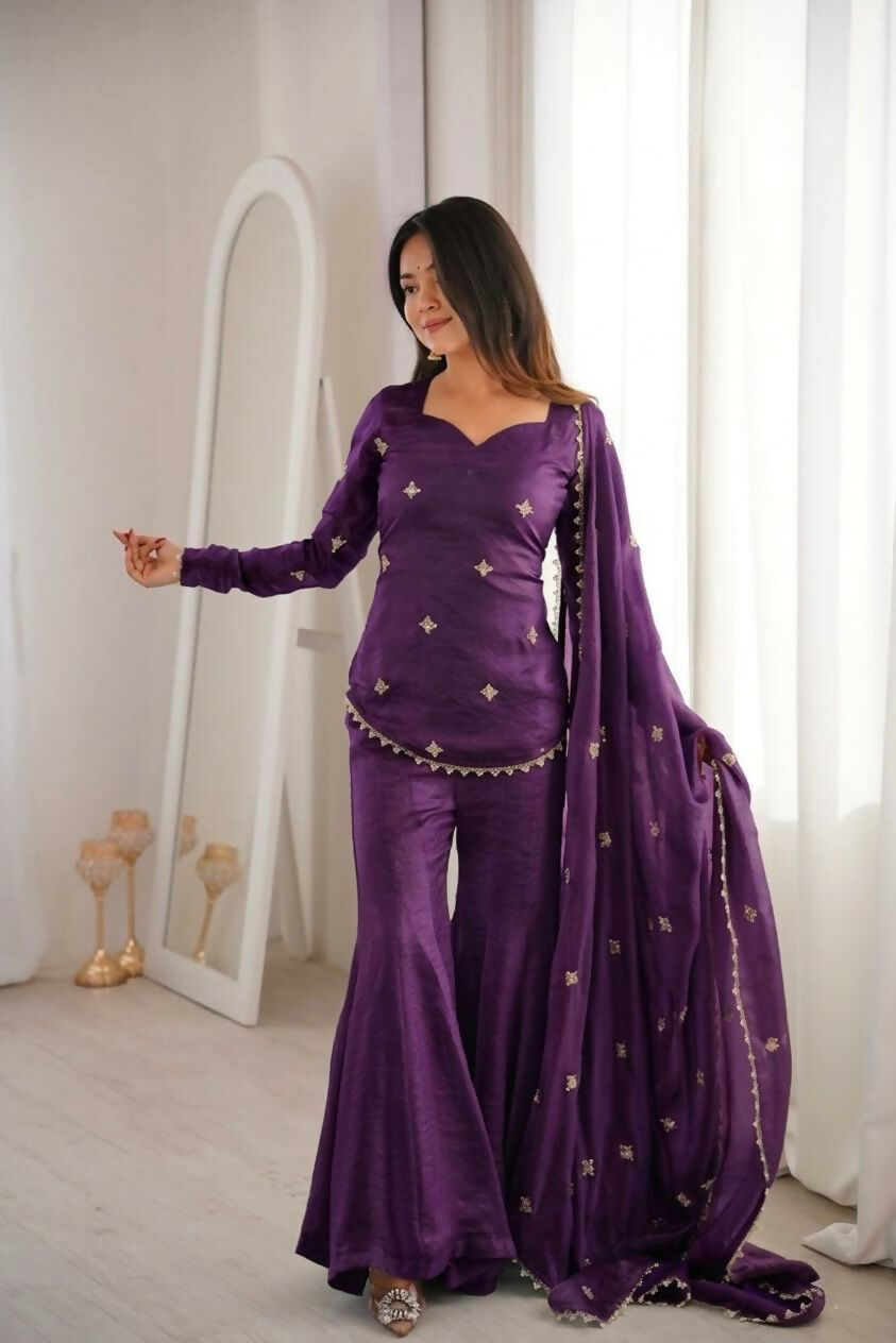 Teeya Creation New Womens Trendy Embroidery Sequence Work Purple Kurta Set