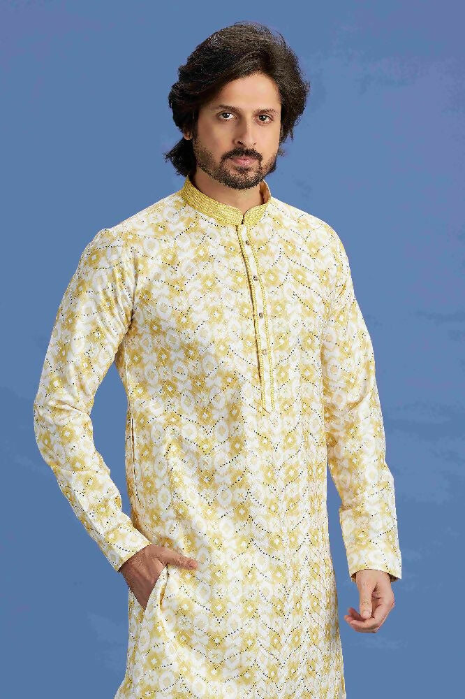 Raivat Ethnic Cotton Embroidery Kurta Pajama In Yellow Colour