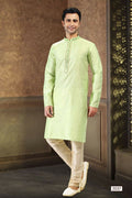 Raivat Ethnic Jacquard Art Silk Mirror and Thread Work Kurta Pajama In Pista Green Colour