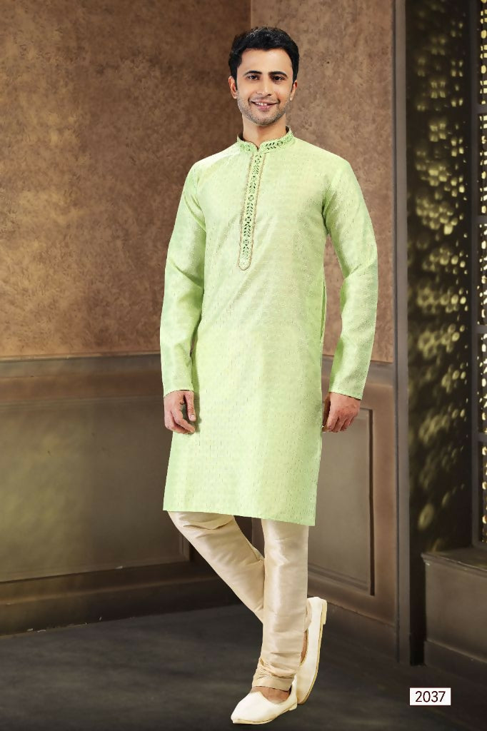 Raivat Ethnic Jacquard Art Silk Mirror and Thread Work Kurta Pajama In Pista Green Colour