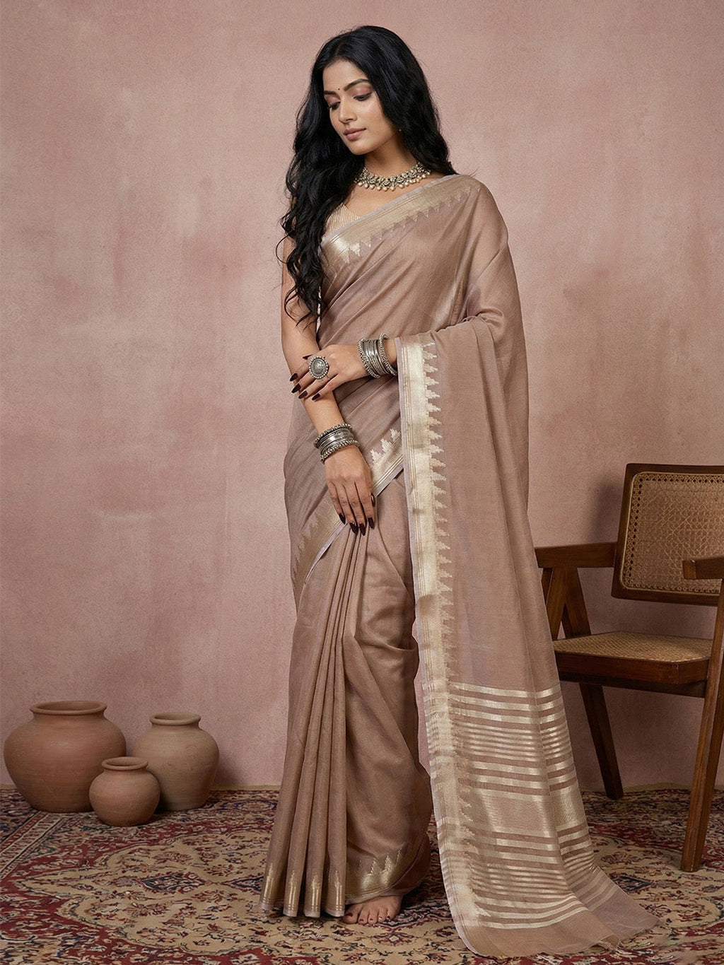 Anaita Brown Cotton Saree With Blouse