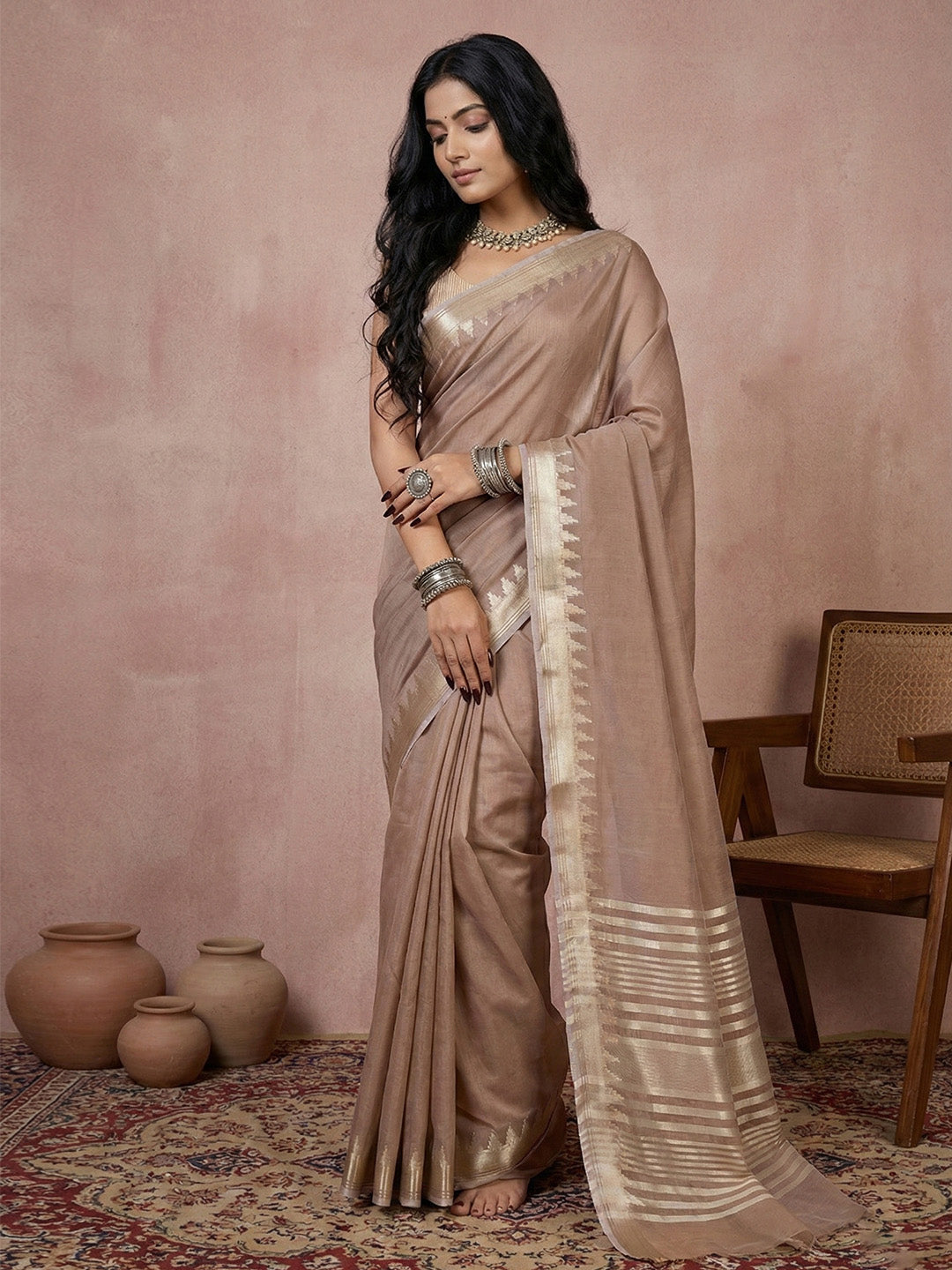 Anaita Brown Cotton Saree With Blouse