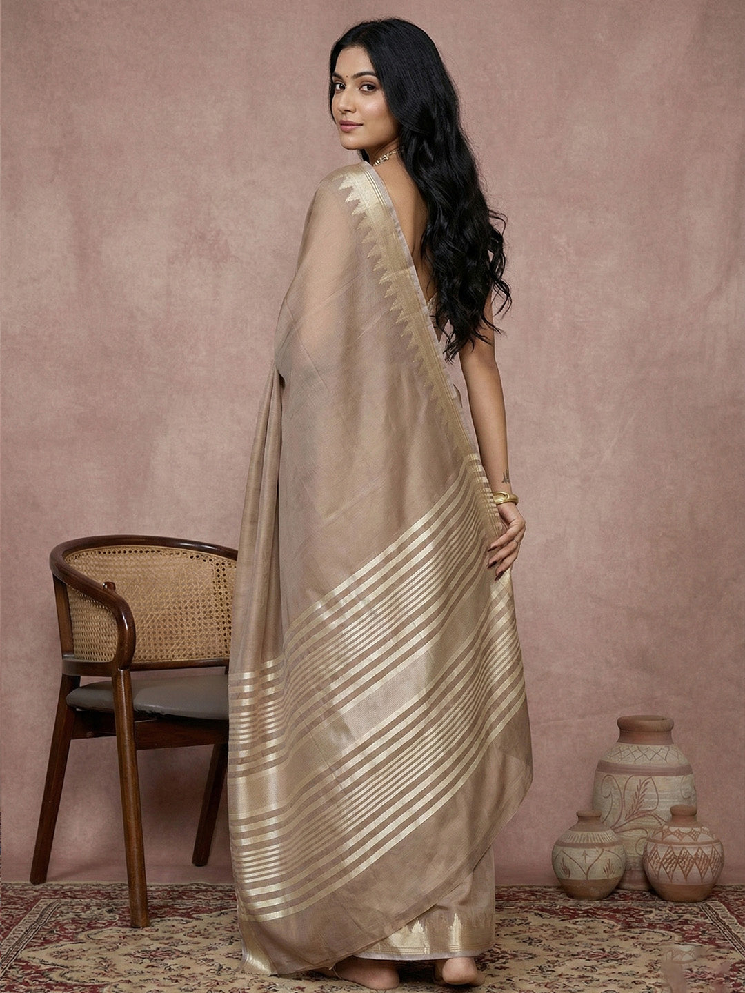 Anaita Brown Cotton Saree With Blouse