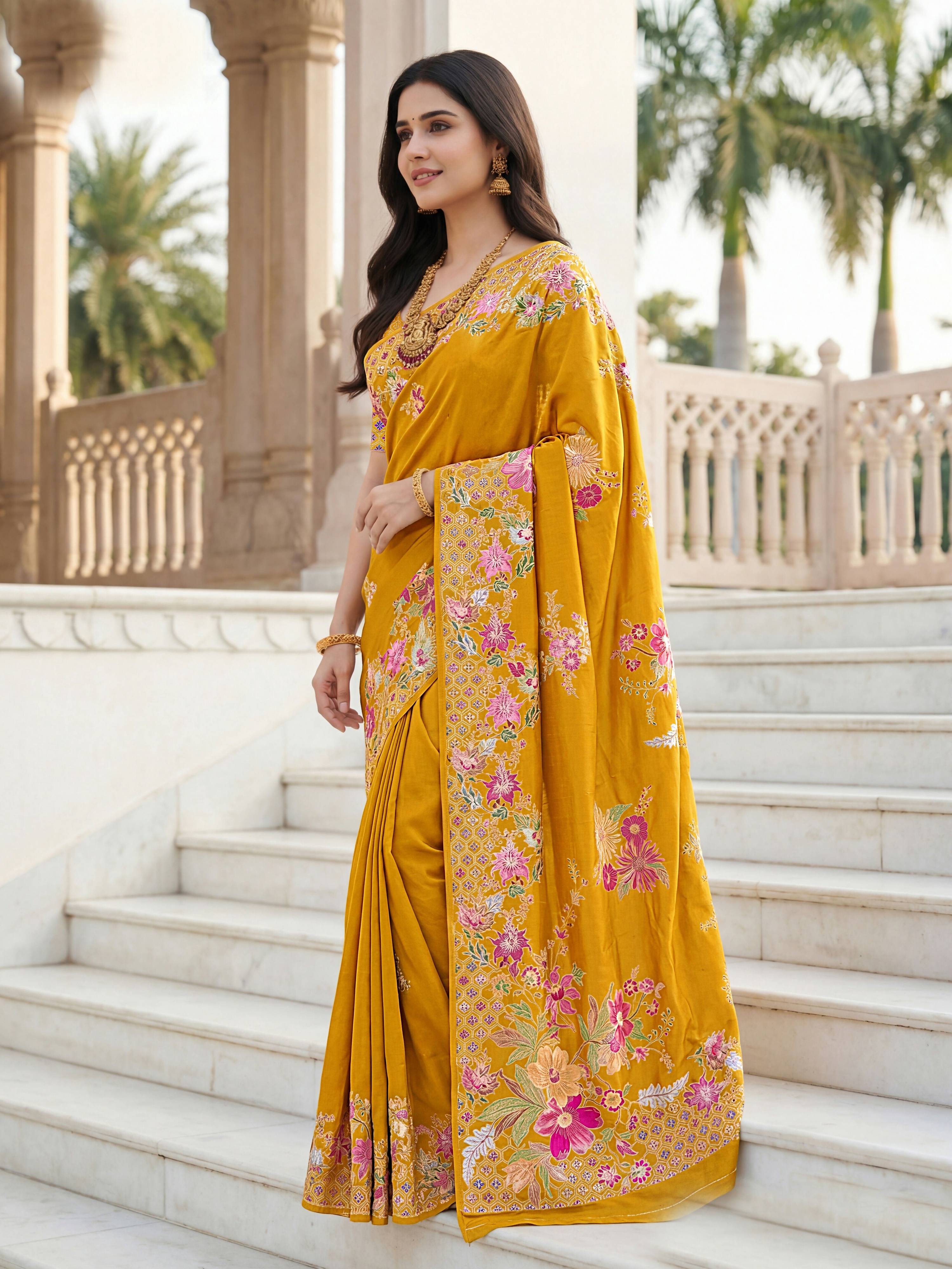 Aastha Fashion Mustard Premium Russian Silk Designer Floral Position Print Saree