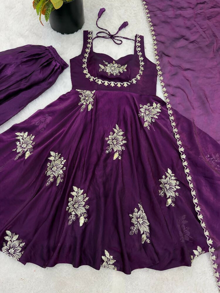 Teeya Creation New Womens Trendy Embroidery Sequence Work Purple Kurta Set