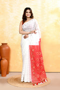 Piyari Fashion Women's White Embellished Cotton Blend Jamdani Saree