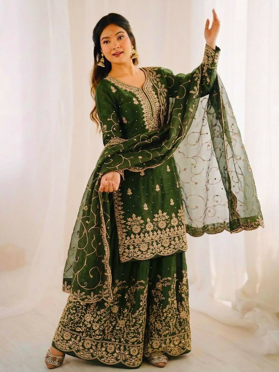 Teeya Creation Green Color Gymmi Silk Embroidery Work Wedding Wear Sharara Set