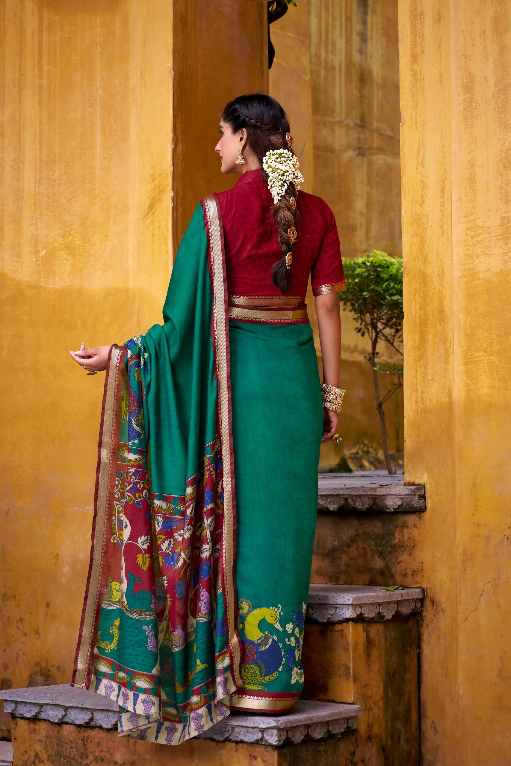 Vastranavya Firozi Viscose Chanderi Kalamkari Print with Zari Working Saree & Unstitched Blouse
