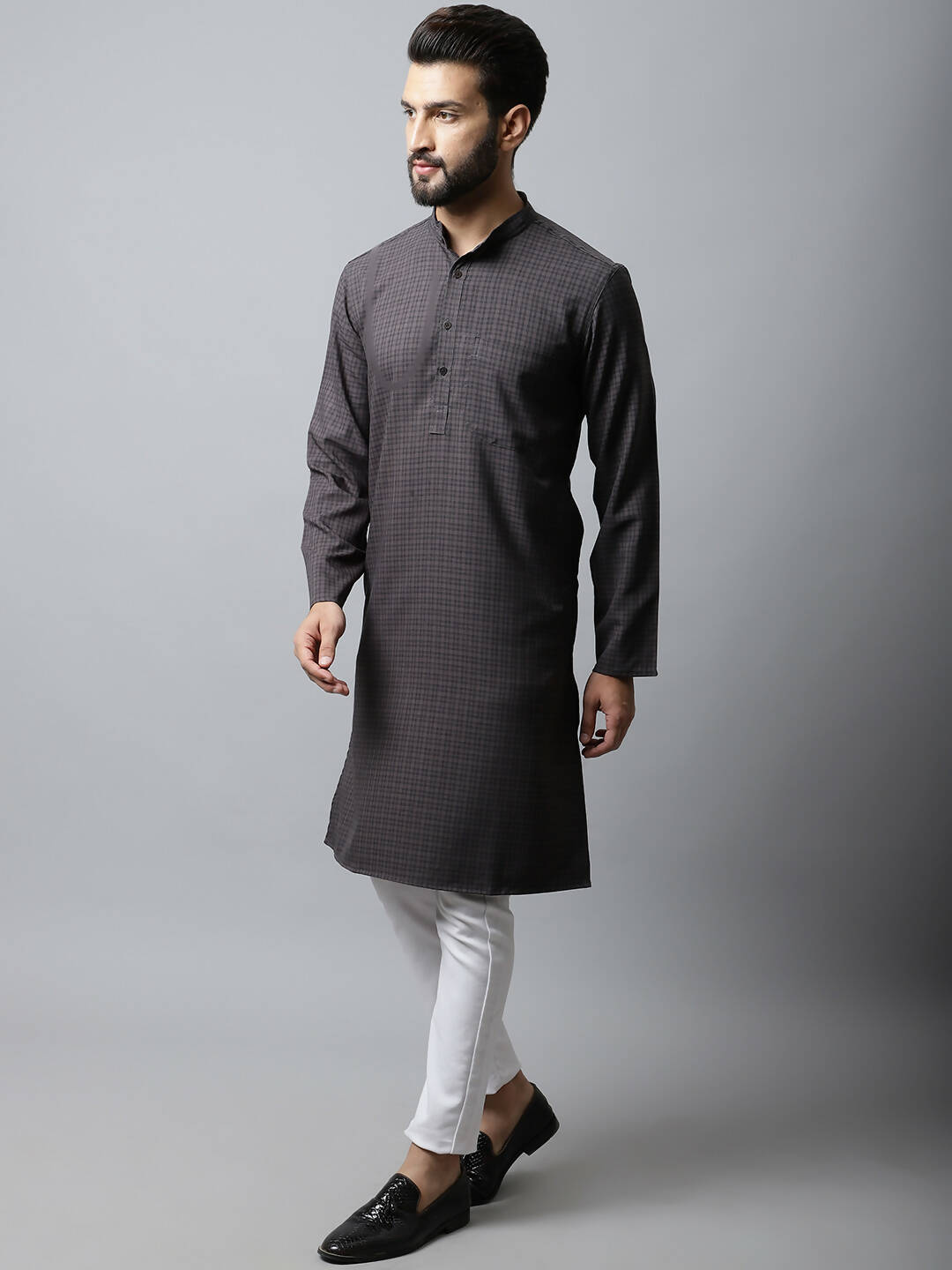 Even Apparels Black Color Pure Cotton Men's Kurta With Band Collar (CHK1166)