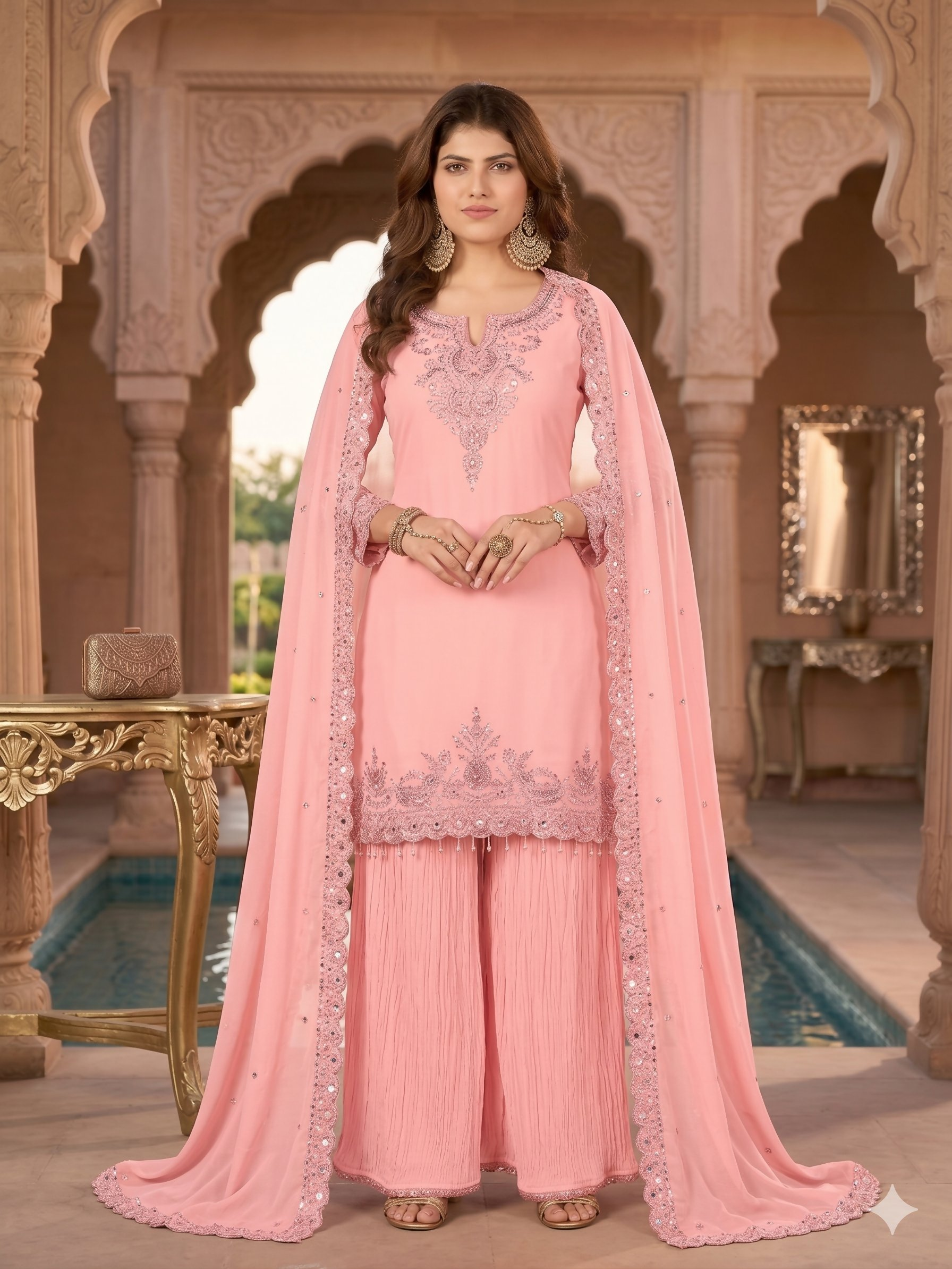 Teeya Creation Womens New Georgette Silk With Heavy Embroiedery With Sequence Work Pink Kurta Set