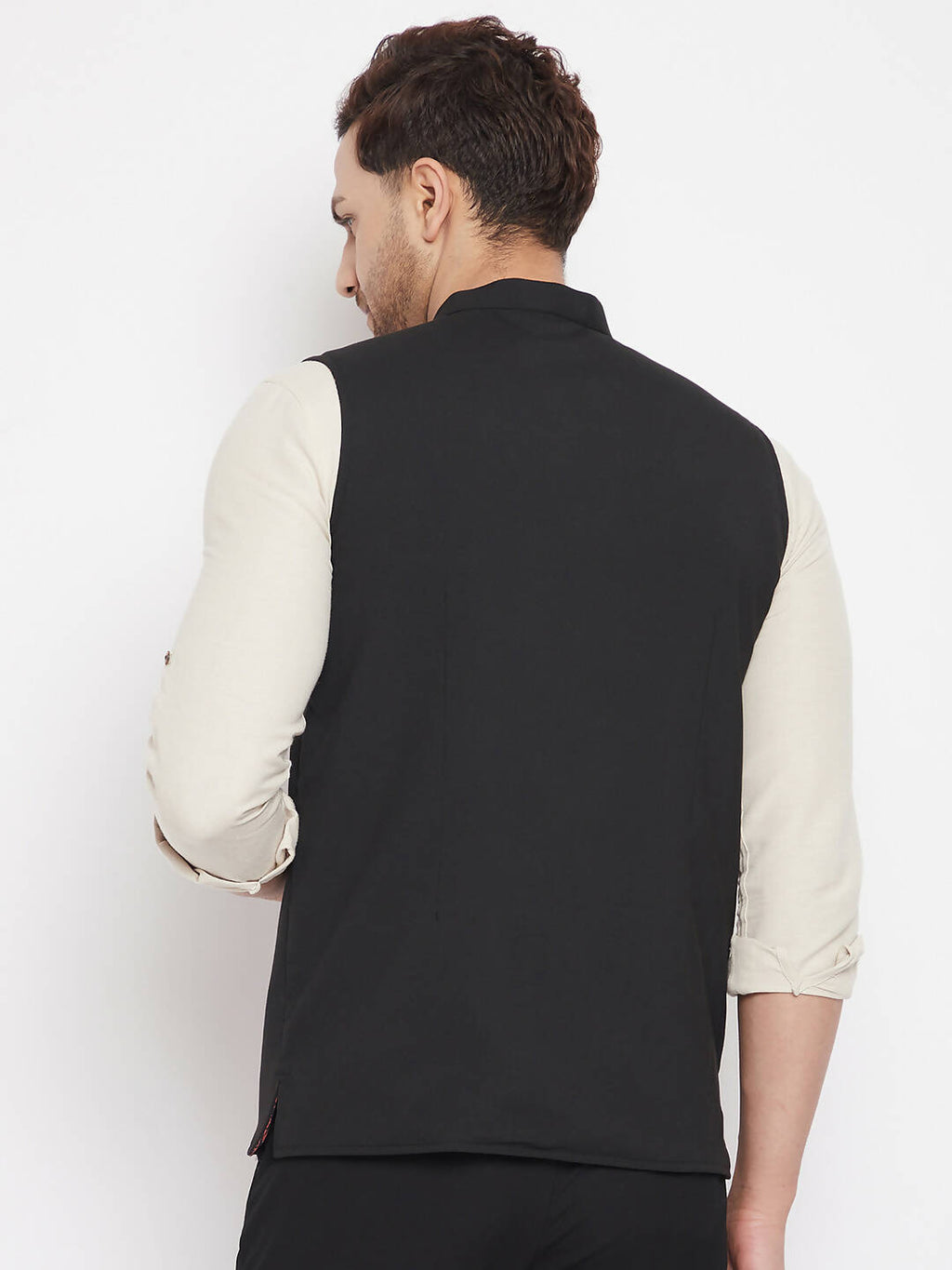 Even Apparels Black Merino Men's Nehru Jacket-Contrast Lining-Inbuilt Pocket Square