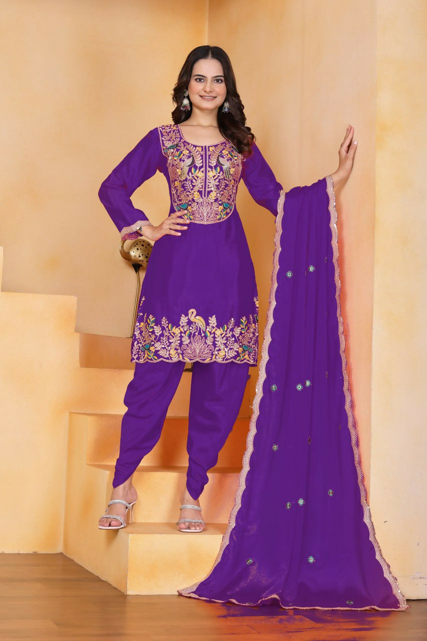 Joban Fashion Purple Silk Embroidered Dhoti Dhoti Set