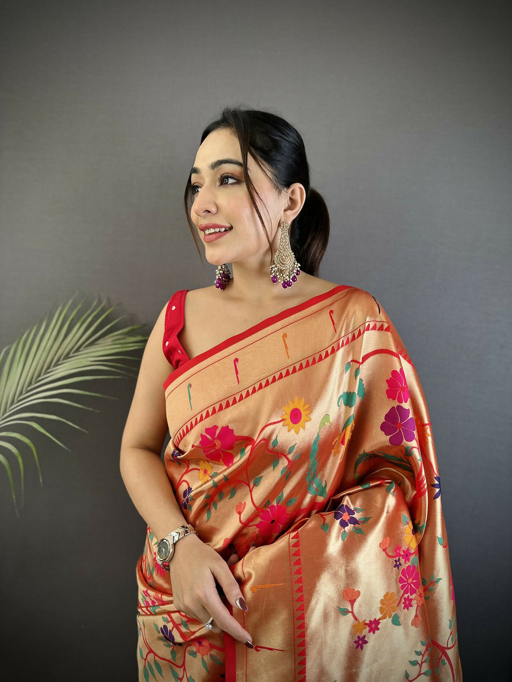 Joban Fashion Pastel Red Floral & Bird Motifs Soft Silk Paithani Saree