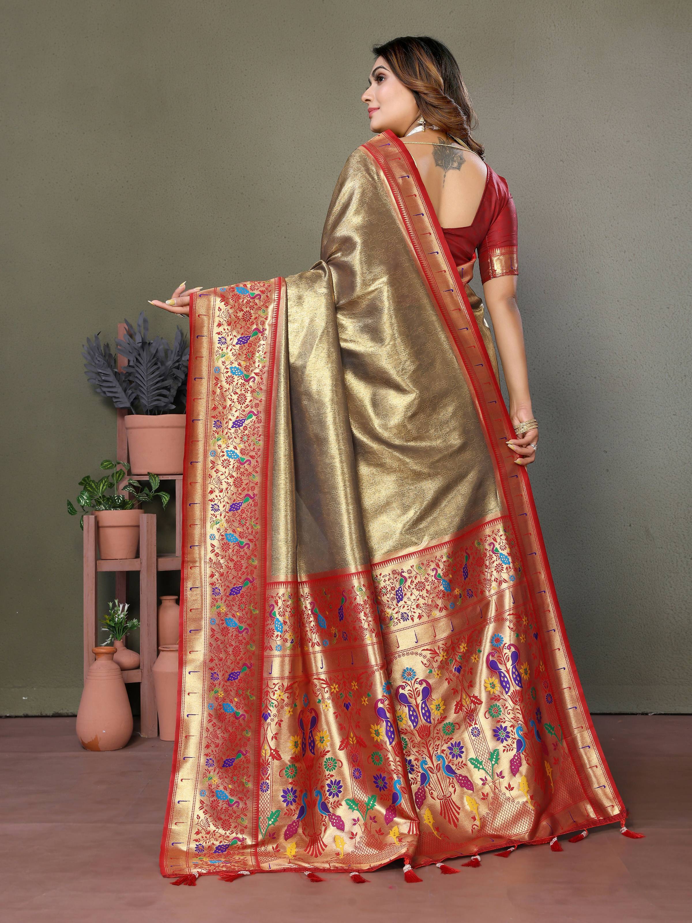 Aastha Fashion Gold Tissue Silk Paithani Woven Saree