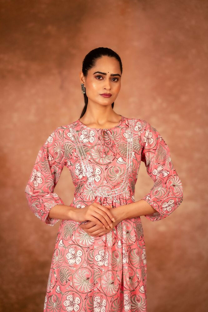 Joban Fashion Pink Floral Hand Block Printed Cotton Kurta Pant Set