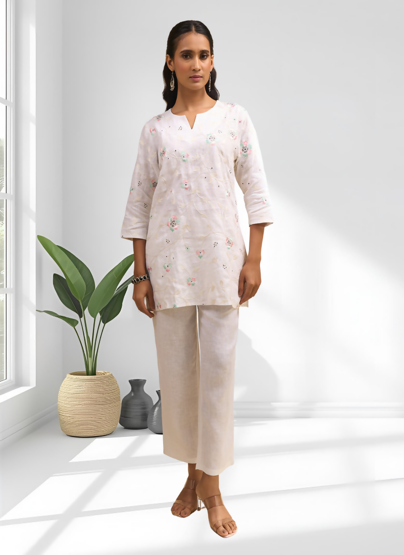 Joban Fashion Off White Linen Embroidered Readymade Cord Set