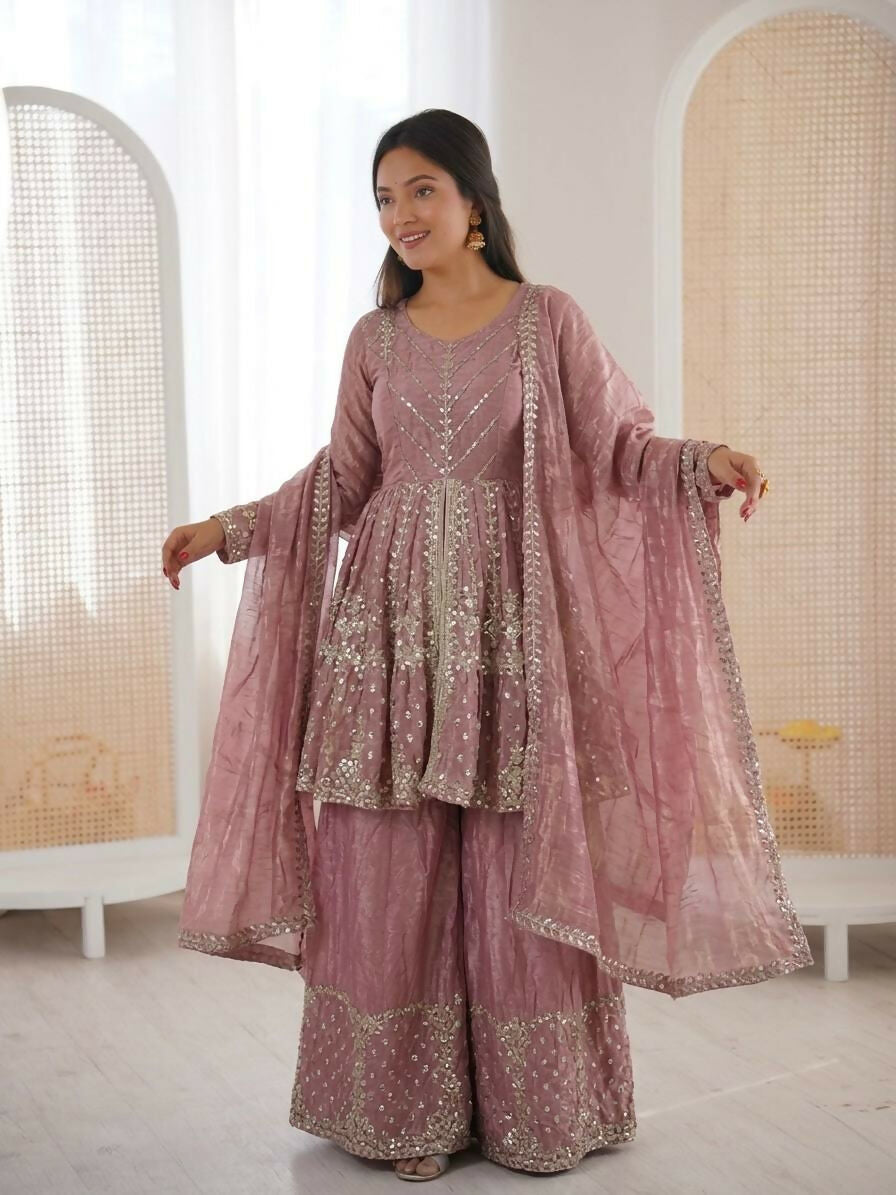 Teeya Creation New Womens Trendy Embroidery Sequence Work Pink Kurta Set