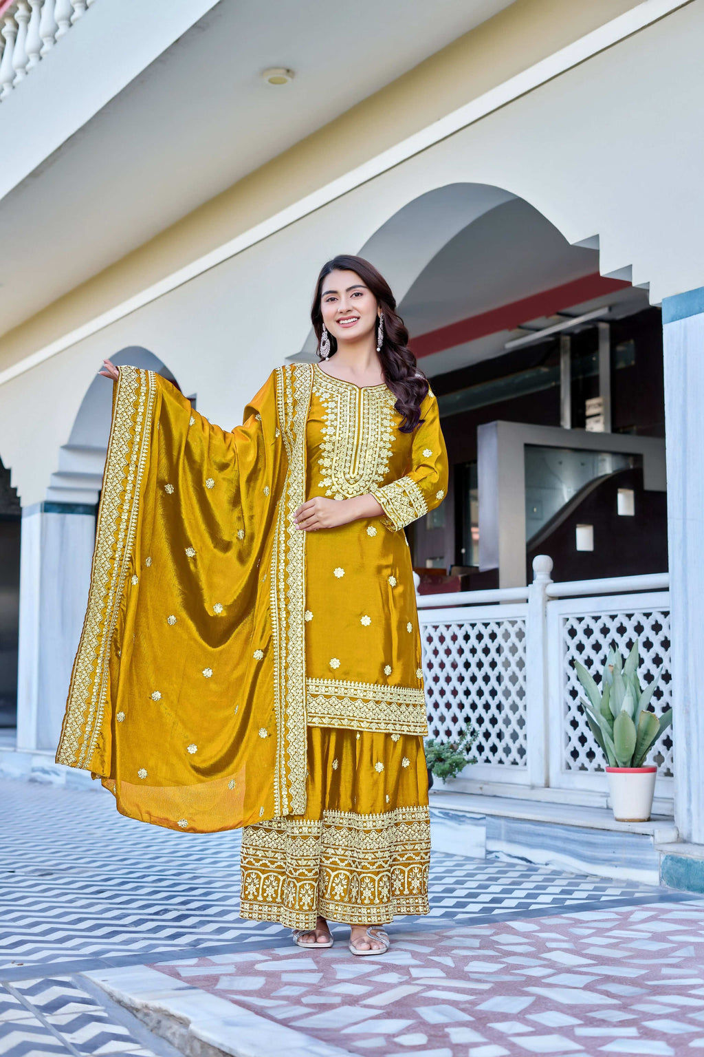 Teeya Creation Yellow Color Chinon Silk Heavy Embroidery Work Wedding Wear Sharara